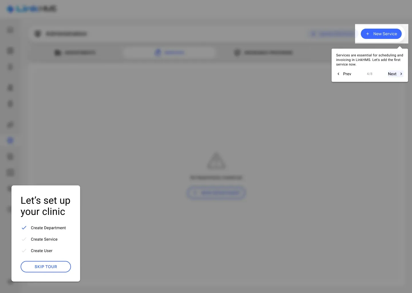 New service An empty services list with a tooltip pointing at New Service