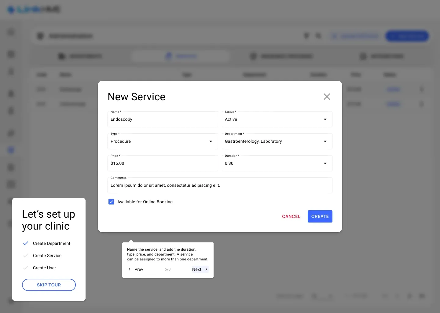 Service form New Service form: name, status, type, departments, price and duration, with a tooltip explaining that a service can belong to several departments