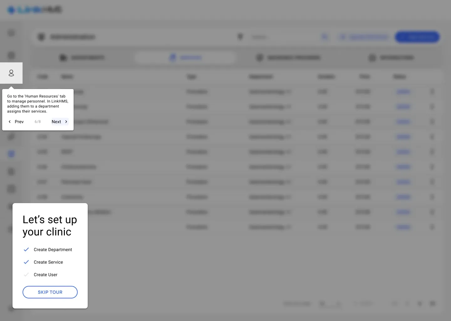 Human resources A tooltip points at the Human Resources section in the side menu, with departments and services ticked in the checklist