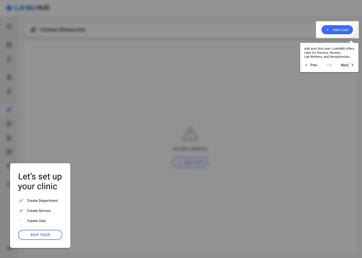 New user Empty Human Resources list with a tooltip pointing at New User and the available roles