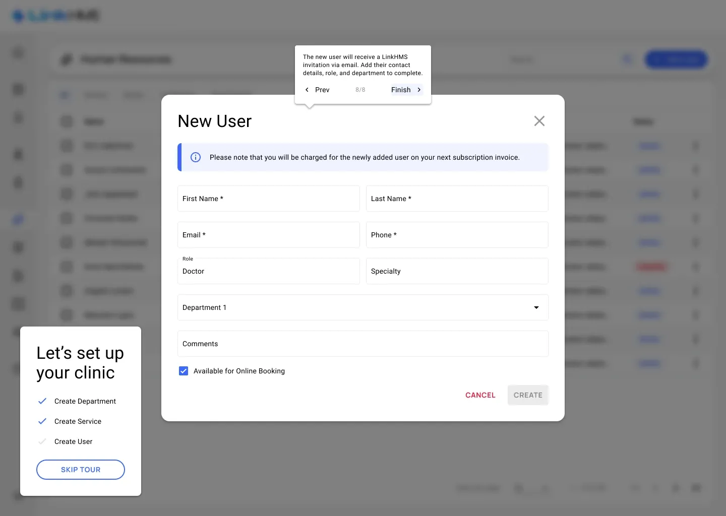 User form New User form with a note that the user is charged on the next subscription invoice and a tooltip about the email invitation