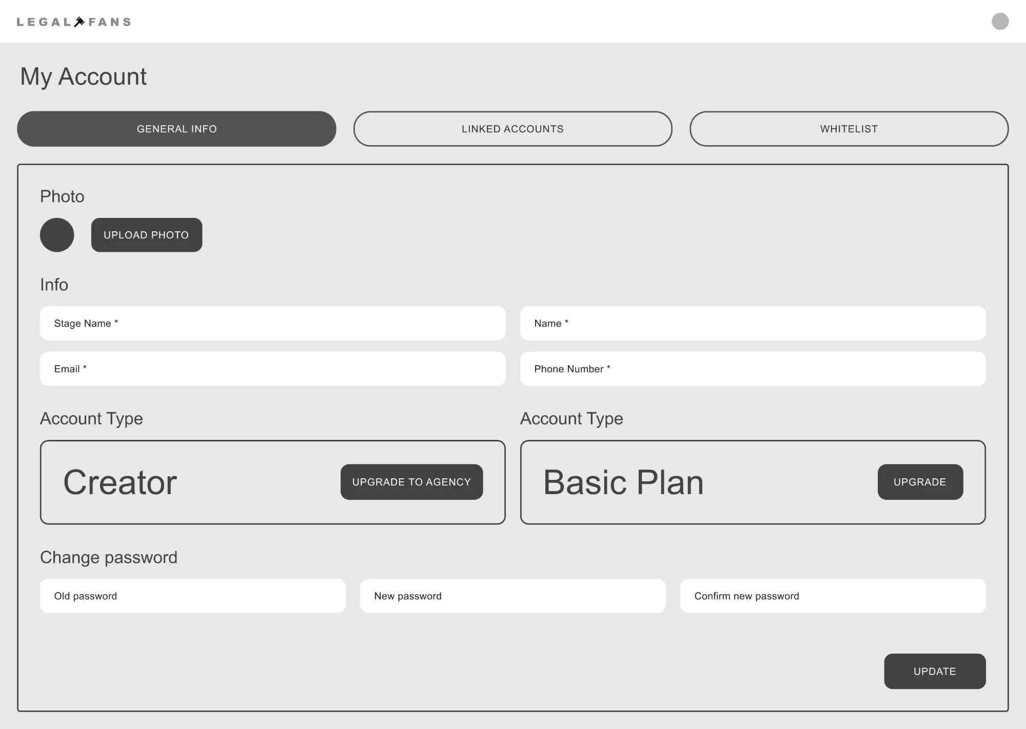 My Account Wireframe of the My Account screen: profile, account type and password change