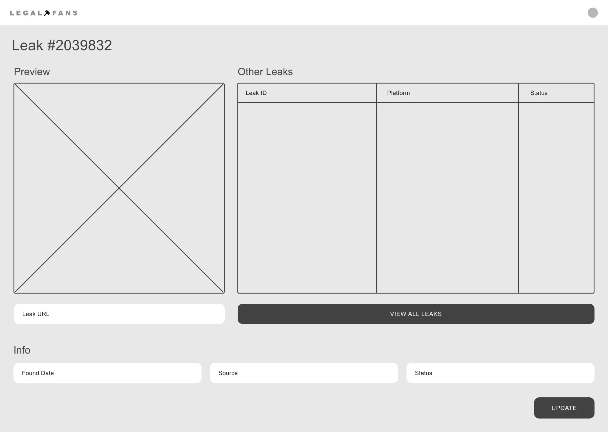 Leak details Wireframe of a single leak: preview, other leaks and details