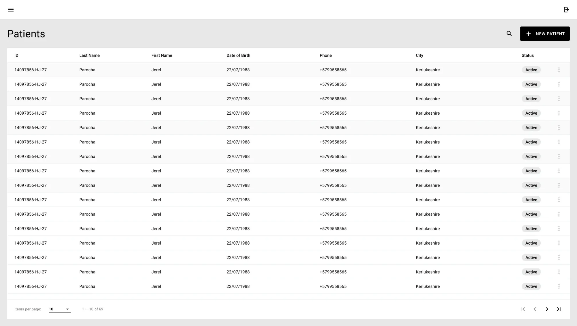 Patients Low-fidelity wireframe of the patients list