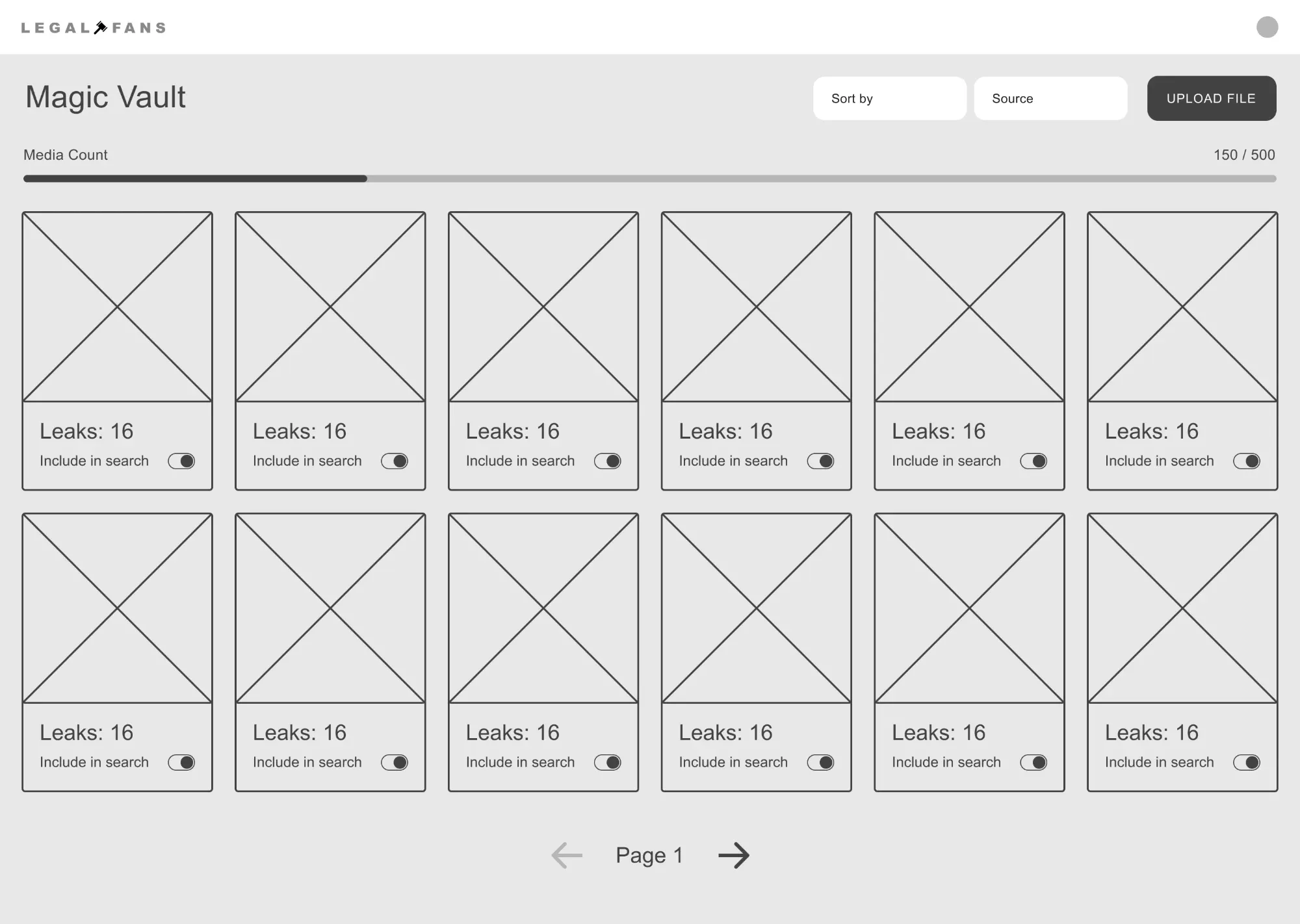 Magic Vault Wireframe of the Magic Vault screen: a grid of uploaded media with search toggles
